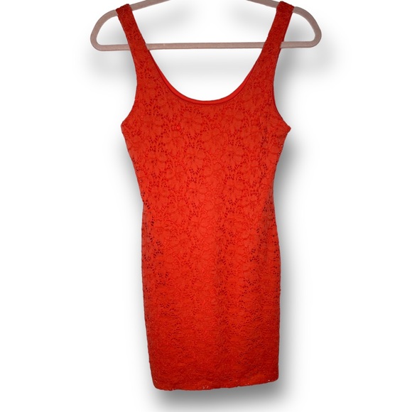 Y2K Ambiance Apparel Size M Coral Orange Floral Lace Bodycon Stretch Mini Dress - Picture 2 of 8
